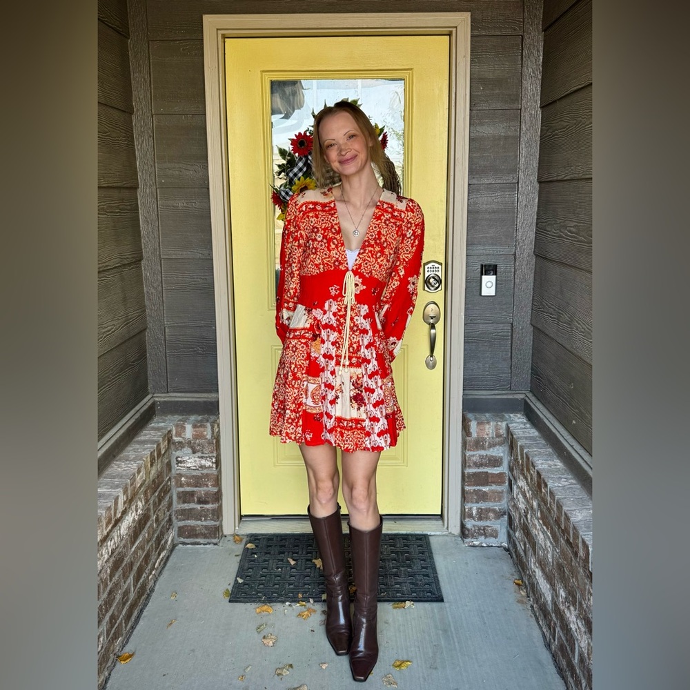 Free People Mixin It Up Mini Dress Boho Orange Sleeves XS